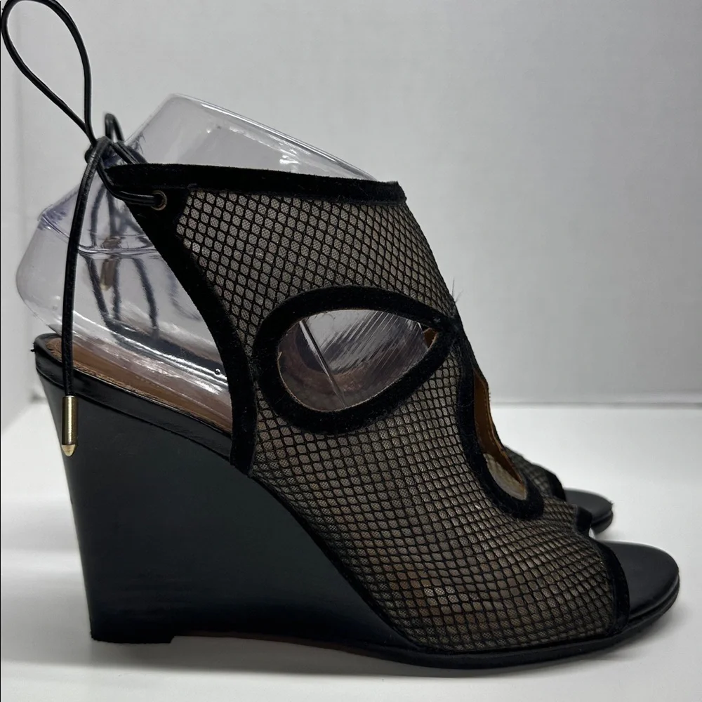 Aquazzura Sexy Thing Suede Wedges Heeled Sandals Open Toe Mesh Black Size 7.5